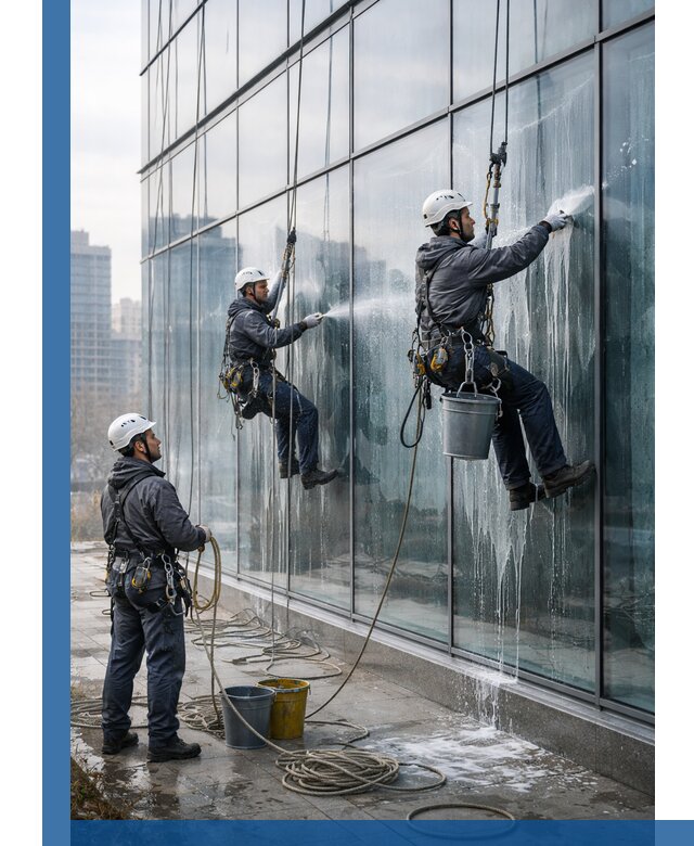 Промышленная мойка панорамных окон на высоте в Чистополе