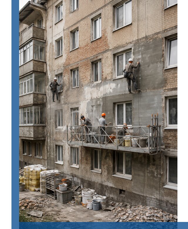 Капитальный ремонт фасада в Чистополе с восстановлением и гидроизоляцией