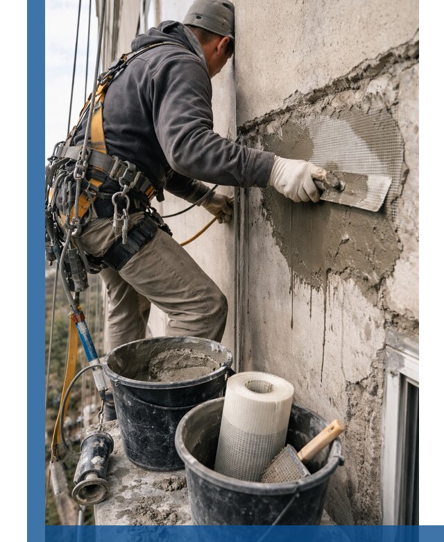 Ремонт бетонных элементов фасада промышленными альпинистами в Чистополе