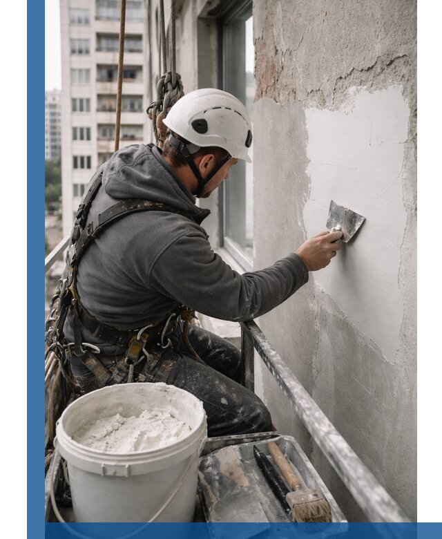 Шпаклевка фасадов на высоте с промальпинистами в Чистополе