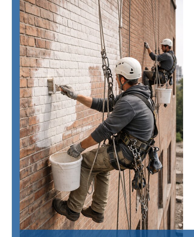 Покраска кирпичного фасада с доступным альпинистским сервисом в Чистополе