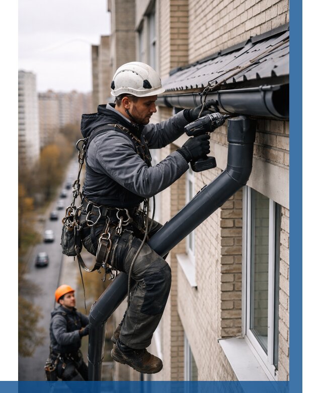 Монтаж водосточной системы на здании в Чистополе от 5120 р. | ВЫСОТНИК-Чст