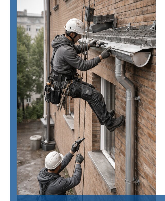 Монтаж водосточной системы на здании в Чистополе под ключ