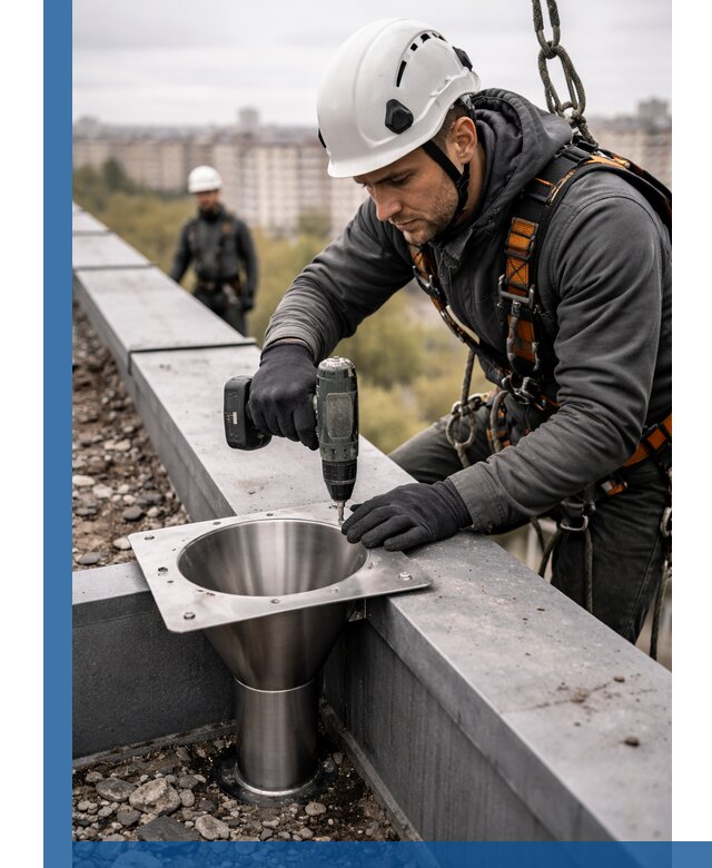 Монтаж водосточных воронок в Чистополе для промышленных зданий