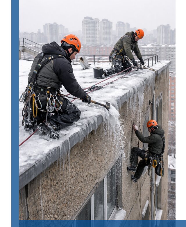 Удаление наледи с кровли в Чистополе промышленными альпинистами