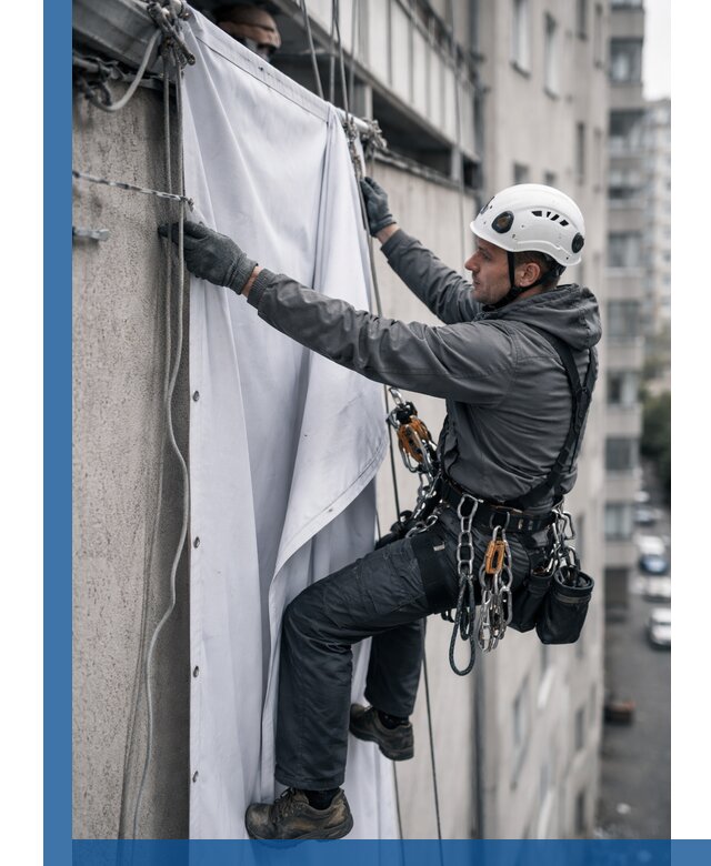 Замена баннерного полотна промышленными альпинистами в Чистополе