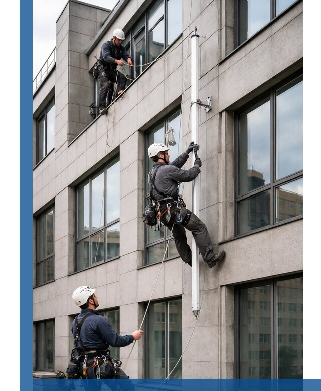 Монтаж флагштока на фасаде здания с креплением и герметикой в Чистополе