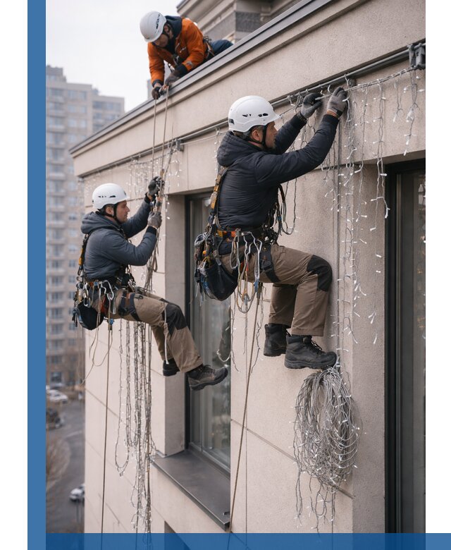 Монтаж праздничных гирлянд на фасаде в Чистополе для зданий