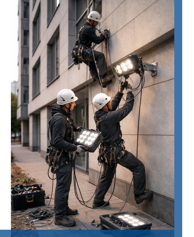 Монтаж прожекторов на фасаде в Чистополе от 7679 р. | ВЫСОТНИК-Чст