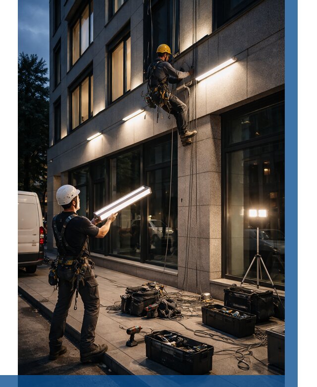 Монтаж архитектурной подсветки здания в Чистополе от 2560 р.|ВЫСОТНИК-Чст