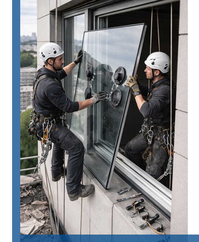 Замена стеклопакетов на высоте с промышленными альпинистами в Чистополе