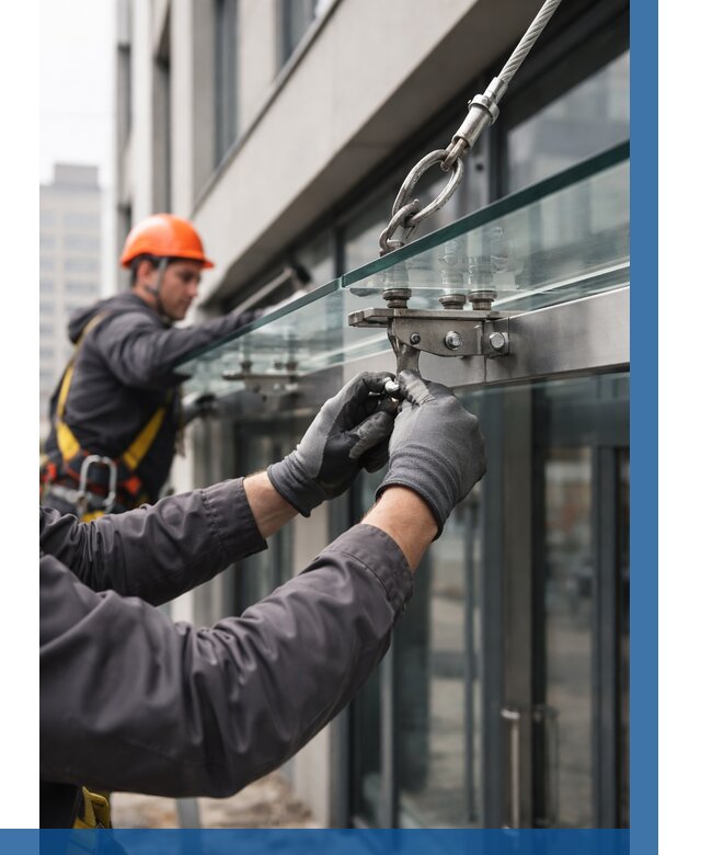 Монтаж стеклянных козырьков в Чистополе от 8703 р. | ВЫСОТНИК-Чст