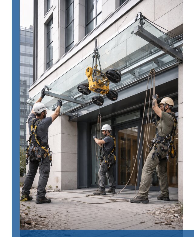 Монтаж стеклянных козырьков под ключ в Чистополе для зданий