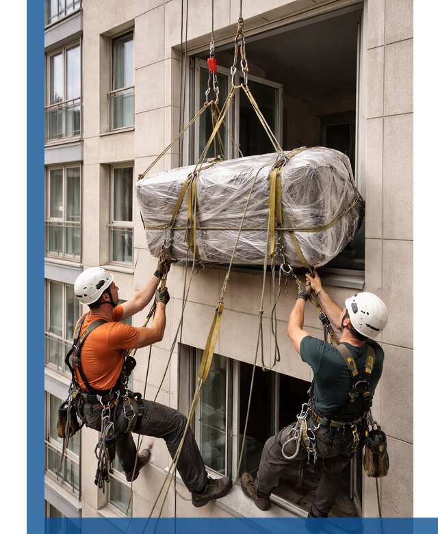 Подъем грузов через окно в Чистополе промышленными альпинистами