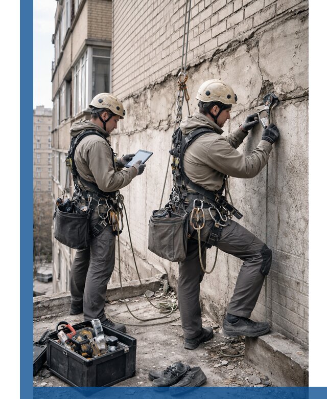 Обследование фасада промышленными альпинистами в Чистополе